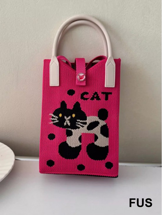 Large Capacity Super Soft Cat Patterned Knitted Cellphone Bag W Strap